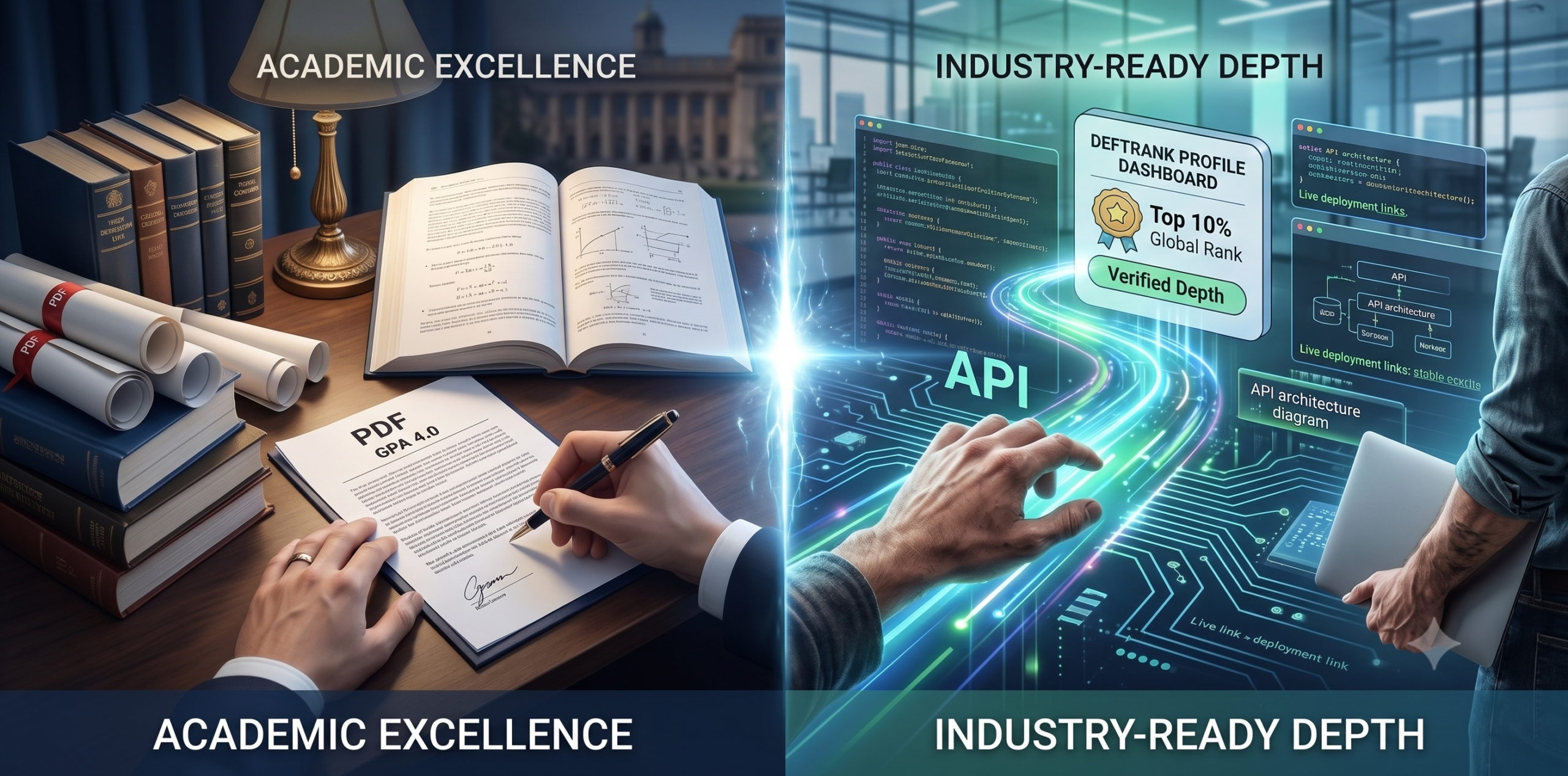Split graphic representing Academic Excellence with traditional books and a GPA paper on the left, contrasting with Industry-Ready Depth featuring digital code, API connections, and a DeftRank verification dashboard on the right.
