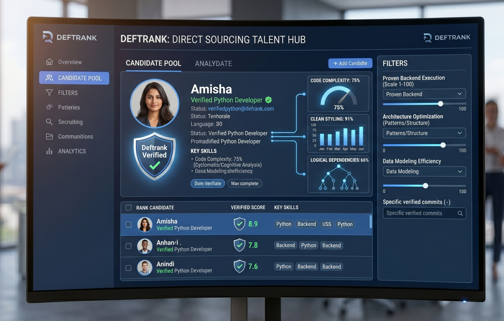 Modern recruitment talent dashboard interface for filtering developer profiles